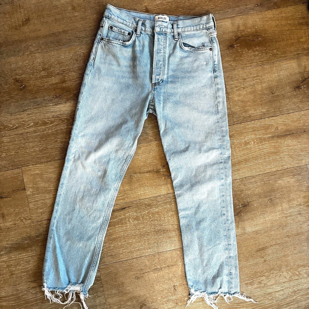 Agolde High Rise Cropped Jeans Frayed Light-Wash Straight Leg Grunge Womens 28